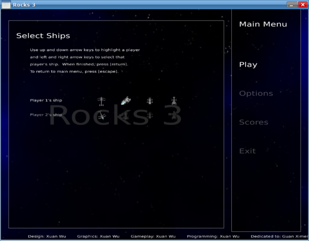 Rocks 3 Ship Selection Screen